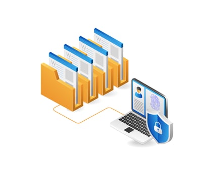 Data protection isometric concept with folder and laptop on white background vector illustration
