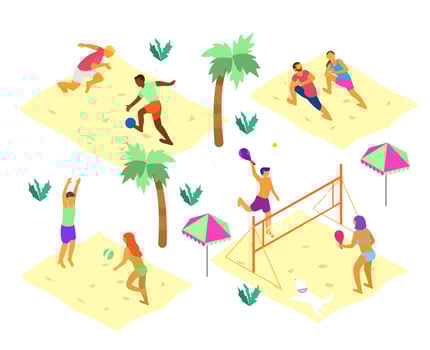 Vector set of isometric beach scenes with different people doing summer sports. Summer outdoors activities. Beach volley, soccer, racket ball, yoga on the beach.