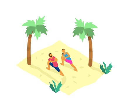 Isometric illustration of tiny couple doing yoga on the beach with palms and plants. Healthy lifestyle. Summer activities. vector