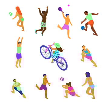 Vector set of isometric people of different ethnicity in doing summer sports. Summer activities riding beach bike, playing beach volley, soccer, racket ball, doing yoga, jumping.