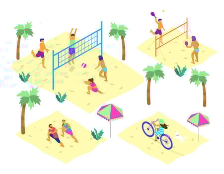 Vector set of isometric beach scenes with different people doing summer sports. Summer outdoors activities. Beach volley, racket ball, yoga on the beach, riding fat bike.