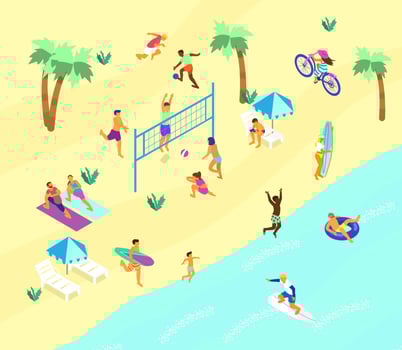 Isometric beach scene with lots of different people doing summer sports and relaxing. Summer outdoors activities. Beach volley, soccer, surfing, yoga on the beach, bike ride. vector