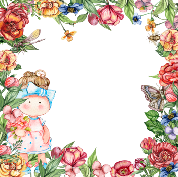Watercolor square flower frame in cartoon style with a cute girl doll in a dress. Cartoon hand drawn background with flower princess and yellow flowers for kids design. Perfect for wedding invitation. png