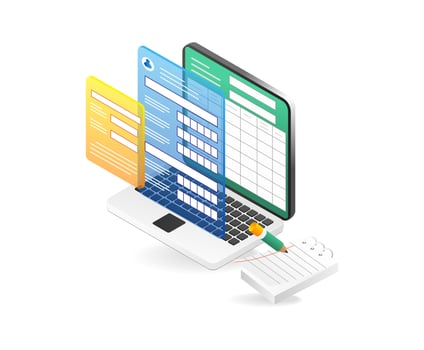 Concept 3d isometric illustration of computer registration table application vector