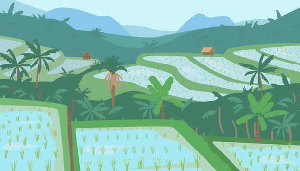 Terraced Asian Rice Fields In Mountains Landscape. Traditional Agriculture. Vector Illustration.