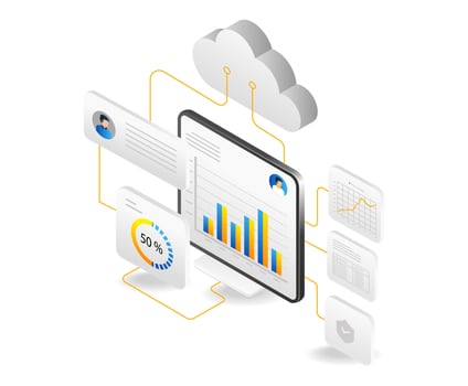 Isometric flat design concept of cloud computing and data analysis. Vector illustration.