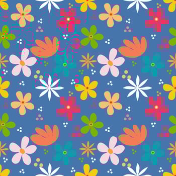 Folk floral seamless pattern on blue background. vector