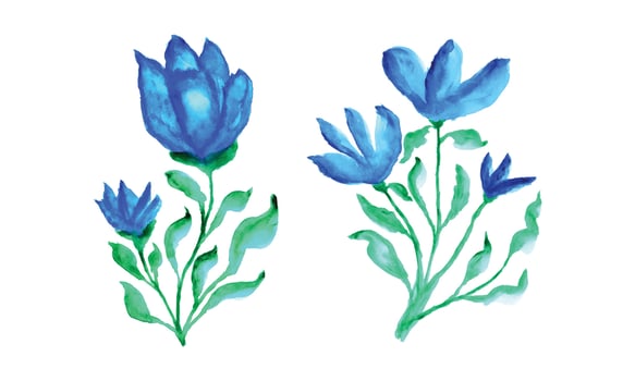 Two blue flowers on a white background. Watercolor painting of blue flowers with green leaves. Colorful watercolor flower design vector