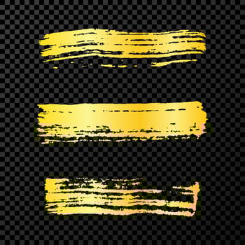Gold grunge brush strokes. Set of three painted brush ink stripes. Ink spot isolated on dark vector