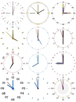 A set of different mechanical clocks with an image of each of the twelve hours. Clock face on white background. vector
