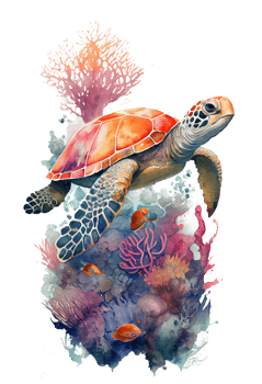 Watercolor of sea turtle, turtle swimming underwater in the ocean, png