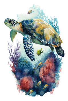 Watercolor of sea turtle, turtle swimming underwater in the ocean, png
