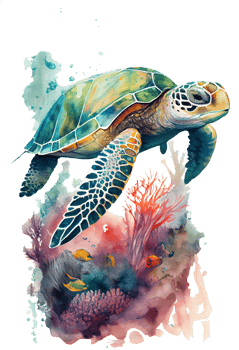 Watercolor of sea turtle, turtle swimming underwater in the ocean, png
