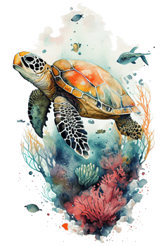 Watercolor of sea turtle, turtle swimming underwater in the ocean, png