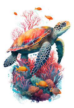 Watercolor of sea turtle, turtle swimming underwater in the ocean, png