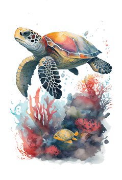 Watercolor of sea turtle, turtle swimming underwater in the ocean, png