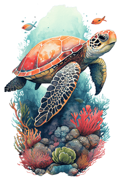 Watercolor of sea turtle, turtle swimming underwater in the ocean, png