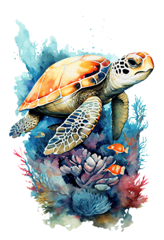 Watercolor of sea turtle, turtle swimming underwater in the ocean, png