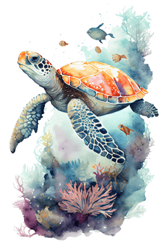 Watercolor of sea turtle, turtle swimming underwater in the ocean, png