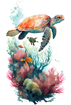 Watercolor of sea turtle, turtle swimming underwater in the ocean, png