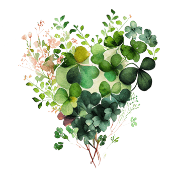 Shamrock leaves in the heart shape, St Patrick's day, Watercolor clover leaves, watercolor spring background, png