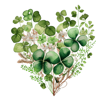 Shamrock leaves in the heart shape, St Patrick's day, Watercolor clover leaves, watercolor spring background, png