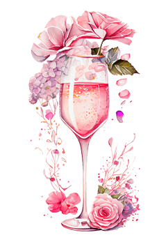 Watercolor pink wine glass with roses, card design for Valentine's day, champagne glass with flowers, . png