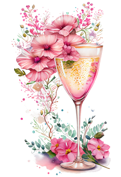 Watercolor pink wine glass with roses, card design for Valentine's day, champagne glass with flowers, . png