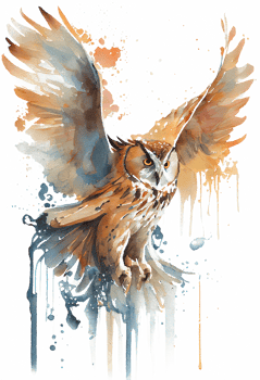 watercolor painting of a flowing Owl bird flying upwards on a transparent background, png, png