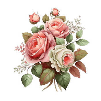 Watercolor floral bouquet composition with roses, png transparent background, .