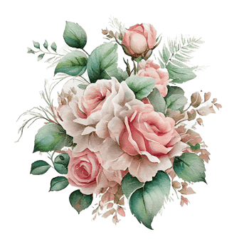 Watercolor floral bouquet composition with roses, png transparent background, .