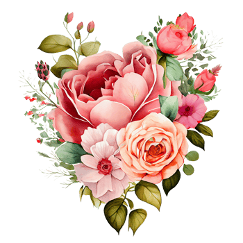 heart shaped rose bouquet, Romantic heart vignette made of vintage flowers and leaves of roses in gentle retro style watercolor painting, PNG transparent background, .