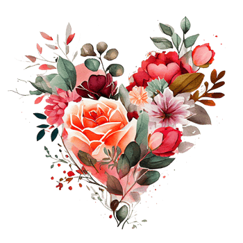 heart shaped rose bouquet, Romantic heart vignette made of vintage flowers and leaves of roses in gentle retro style watercolor painting, PNG transparent background, .