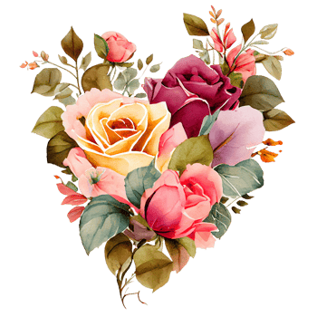 heart shaped rose bouquet, Romantic heart vignette made of vintage flowers and leaves of roses in gentle retro style watercolor painting, PNG transparent background, .