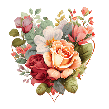 heart shaped rose bouquet, Romantic heart vignette made of vintage flowers and leaves of roses in gentle retro style watercolor painting, PNG transparent background, .