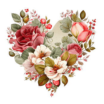 heart shaped rose bouquet, Romantic heart vignette made of vintage flowers and leaves of roses in gentle retro style watercolor painting, PNG transparent background, .