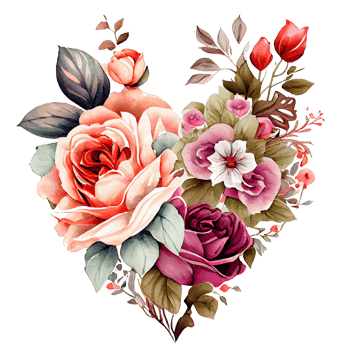 heart shaped rose bouquet, Romantic heart vignette made of vintage flowers and leaves of roses in gentle retro style watercolor painting, PNG transparent background, .