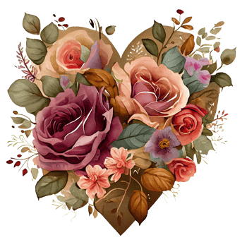 heart shaped rose bouquet, Romantic heart vignette made of vintage flowers and leaves of roses in gentle retro style watercolor painting, PNG transparent background, .