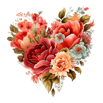 heart shaped rose bouquet, Romantic heart vignette made of vintage flowers and leaves of roses in gentle retro style watercolor painting, PNG transparent background, .