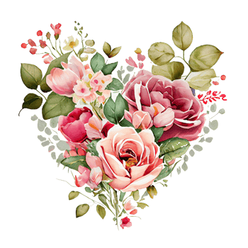 heart shaped rose bouquet, Romantic heart vignette made of vintage flowers and leaves of roses in gentle retro style watercolor painting, PNG transparent background, .