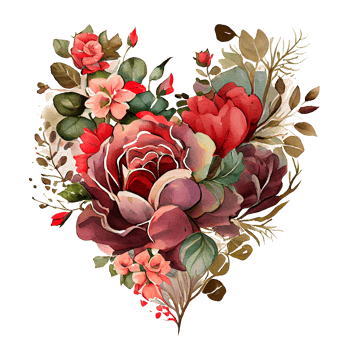 heart shaped rose bouquet, Romantic heart vignette made of vintage flowers and leaves of roses in gentle retro style watercolor painting, PNG transparent background, .