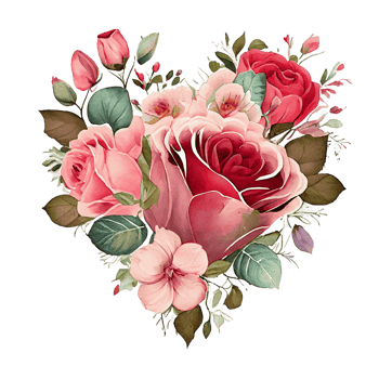 heart shaped rose bouquet, Romantic heart vignette made of vintage flowers and leaves of roses in gentle retro style watercolor painting, PNG transparent background, .