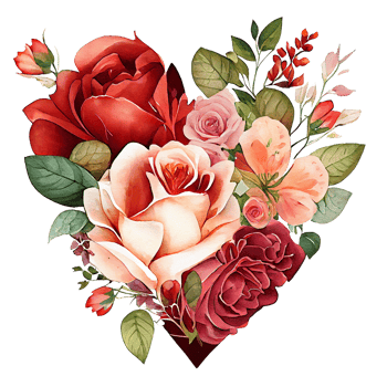 heart shaped rose bouquet, Romantic heart vignette made of vintage flowers and leaves of roses in gentle retro style watercolor painting, PNG transparent background, .