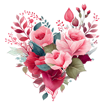 heart shaped rose bouquet, Romantic heart vignette made of vintage flowers and leaves of roses in gentle retro style watercolor painting, PNG transparent background, .