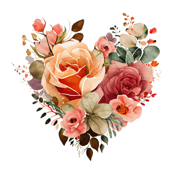 heart shaped rose bouquet, Romantic heart vignette made of vintage flowers and leaves of roses in gentle retro style watercolor painting, PNG transparent background, .