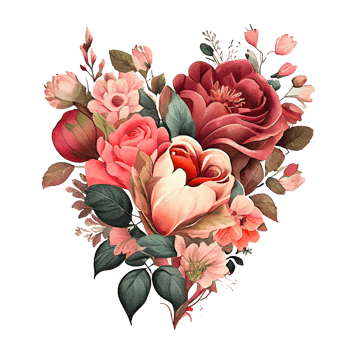 heart shaped rose bouquet, Romantic heart vignette made of vintage flowers and leaves of roses in gentle retro style watercolor painting, PNG transparent background, .