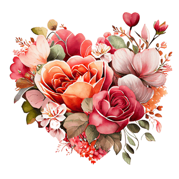 heart shaped rose bouquet, Romantic heart vignette made of vintage flowers and leaves of roses in gentle retro style watercolor painting, PNG transparent background, .