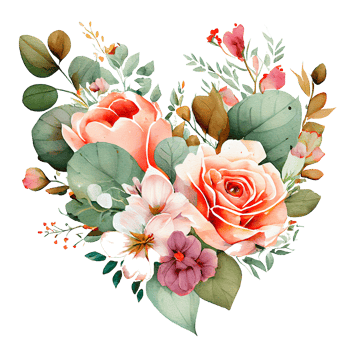 heart shaped rose bouquet, Romantic heart vignette made of vintage flowers and leaves of roses in gentle retro style watercolor painting, PNG transparent background, .