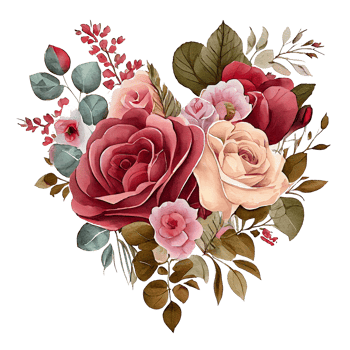 heart shaped rose bouquet, Romantic heart vignette made of vintage flowers and leaves of roses in gentle retro style watercolor painting, PNG transparent background, .