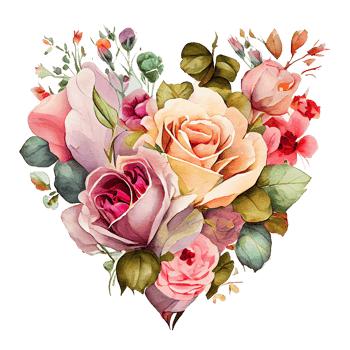 heart shaped rose bouquet, Romantic heart vignette made of vintage flowers and leaves of roses in gentle retro style watercolor painting, PNG transparent background, .